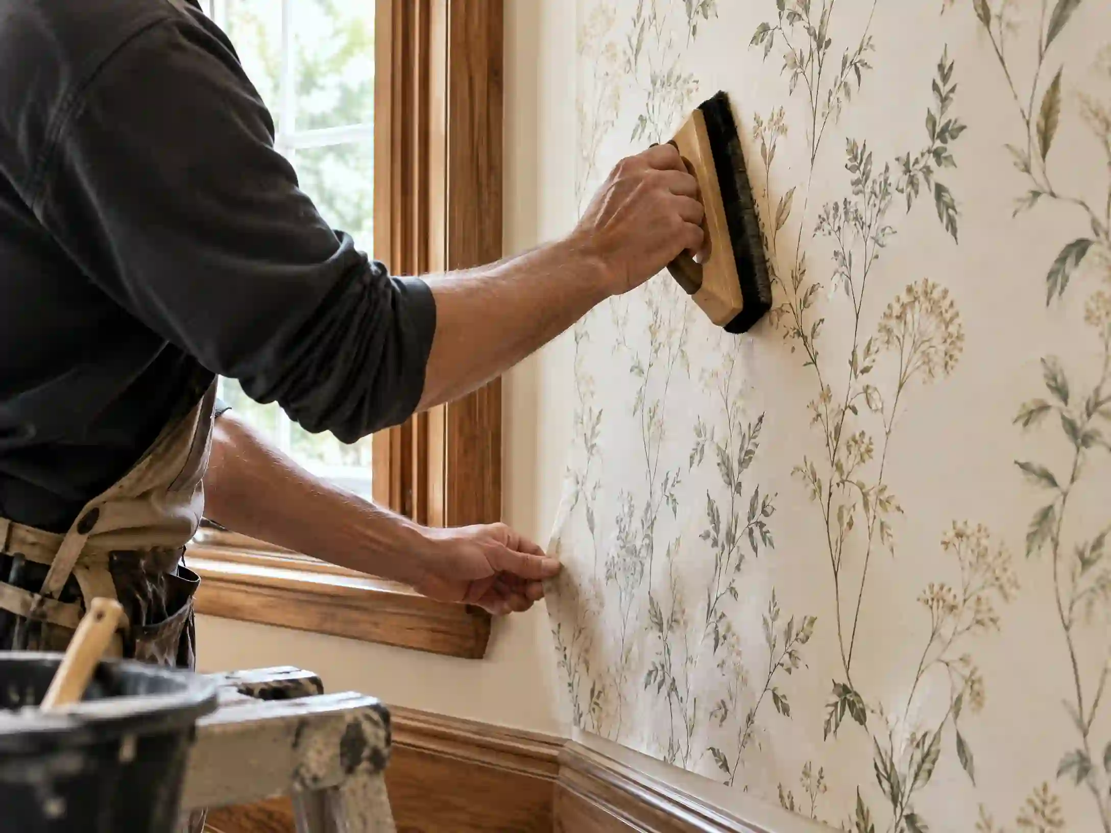 Professional wallpaper installer working on a premium interior installation
